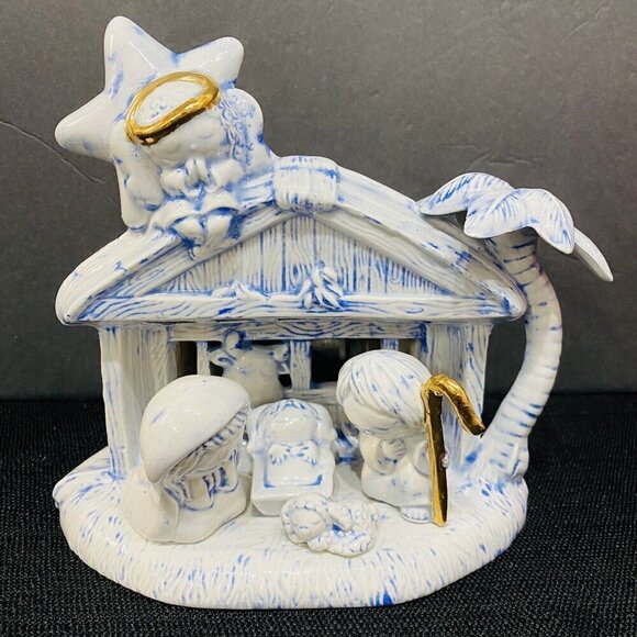Vintage Porcelain Musical Nativity Christmas Scene Blue White - Picture 1 of 9